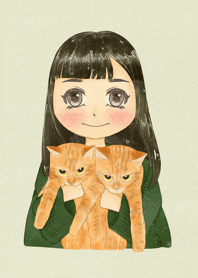 2匹のトラ猫を持つ女の子