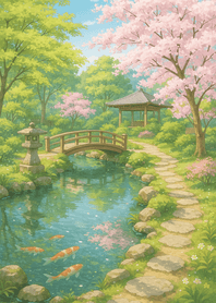 Peaceful Spring Garden with Koi Pond
