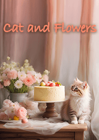 Cat and Flowers - Peach pink