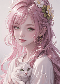 Pink beautiful girl and kitten2