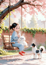 Girl and Dogs under Cherry Blossom Tree