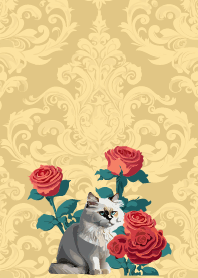 light brown & yellow 薔薇と白い猫