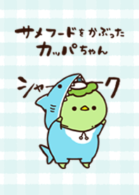 Kappachan wearing a shark hood