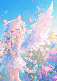 庭の夢のような猫の天使の女の子 ❤️