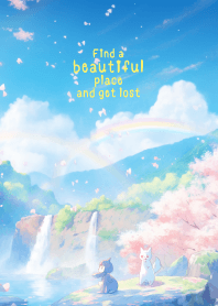 น้ำตกและสายรุ้งแสนสวยกับน้องแมวน้อย