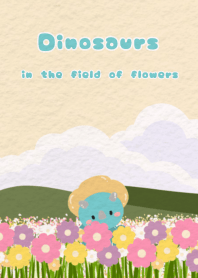 Dinosaurs in the field of flowers