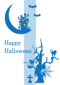 Halloween  castle and cats on blue