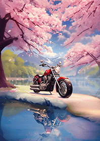 桜の下×アメリカンバイク