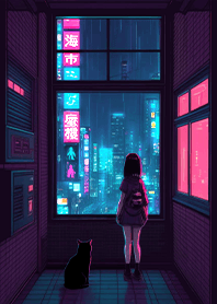 窓辺の少女と猫 ネオン街1.1.1