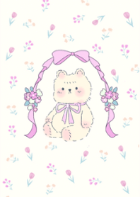 Little bear and purple flowers Pink