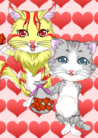 แมวน่ารักวาเลนไทน์สีเทาแมวและแมวสีเหลือง
