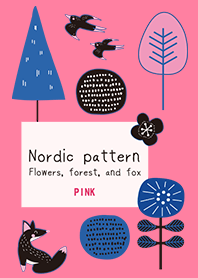 【ピンク】北欧パターン 花と森、そして狐