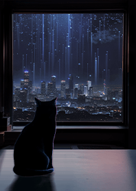 窓辺の景色を眺める猫 2(雨夜)