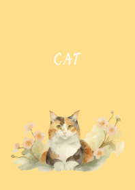 Calico cat on brown & yellow