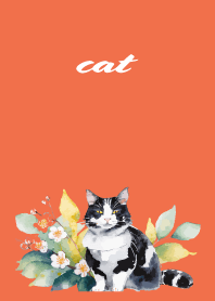 plants and Tuxedo cat on red & yellow