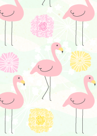 フラミンゴとお花-ピンクと黄色-