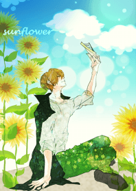 Surrounded by blue sky and sunflowers.