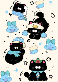 Fluffy black cat with a snow hat3