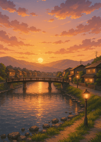 Sunset Lights Along River Bridge