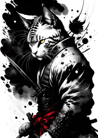 Ink wash cat samurai 7256A5