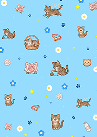 Little Cats & Floral Garden (Blue)