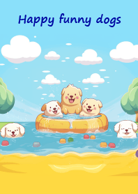 Happy funny dogs play in the pool