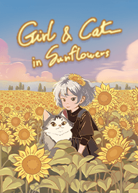 Girl & Cat in Sunflowers Field - Brown02