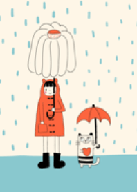 Girl and her cat in raining