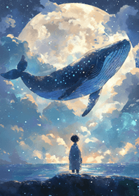 男の子と満月の星雲に浮かぶ青いクジラ❤️