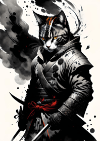 Ink wash cat samurai 08982a