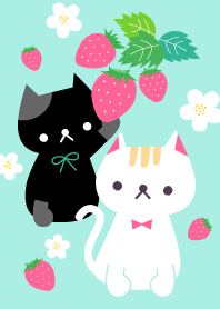 イチゴの中のかわいい白猫と黒猫