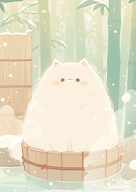 White cat bathing in bamboo forest JP
