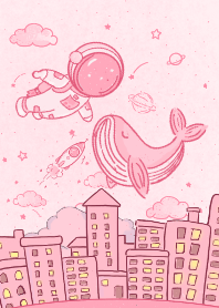 ピンクの街の光の中の赤ちゃん宇宙飛行士