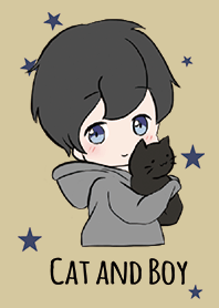 Beige & Navy / Cat and boy