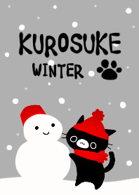 Gato preto Kurosuke e boneco de neve