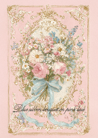 Blue ribbon bouquet on pink lace