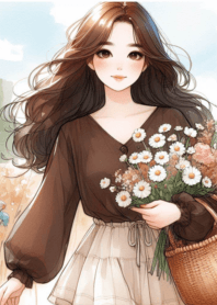 Minimal girl flower garden brown R578