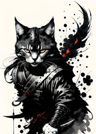Ink wash cat samurai 9BA139