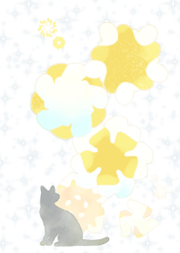 花と黒猫(黄色)
