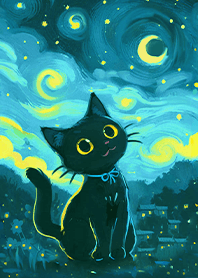 힐링 아트 -별빛 아래 검은 고양이 1.6