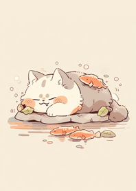 a cat sleeping with a fish toy