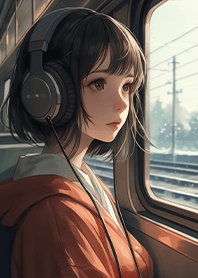 一個人旅行-電車窗戶旁看著風景的女孩1