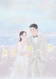 ウェディングドレスと花火と海