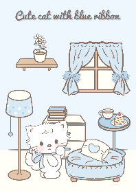 Cute cat with blue ribbon <3