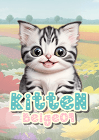 カラフルな花畑の子猫