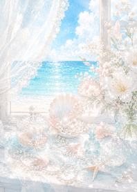 紫色 海與花相伴的窗邊