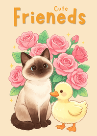 Cute Siamese Cat and Duckling