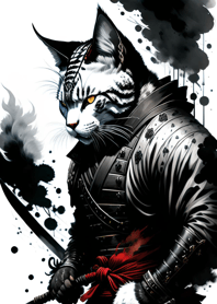 Ink wash cat samurai F36508