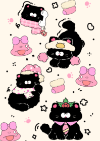Fluffy black cat with a snow hat1