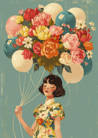 氣球、花束與花裙少女